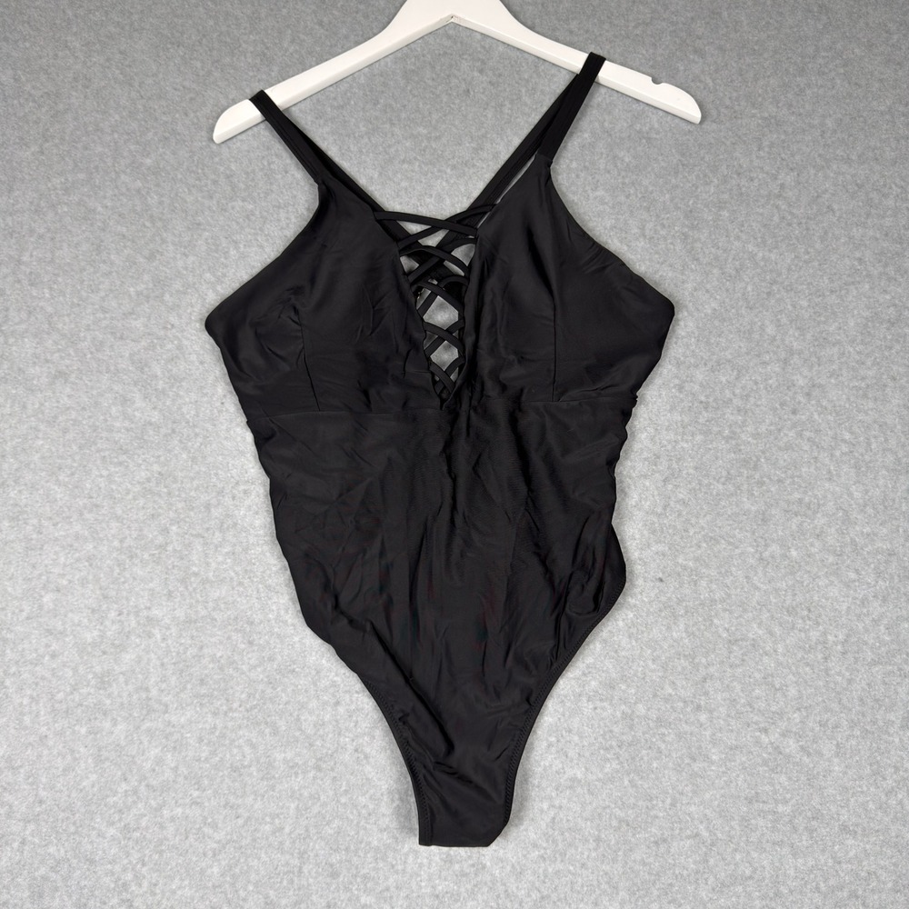 NWT Ekouaer Womens One Piece Swimsuit Black Lace Up V Neck Monokini XL Beach